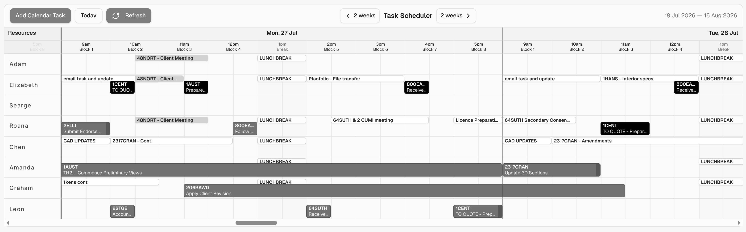 Planfolio task scheduler with team resources and drag-and-drop calendar blocks